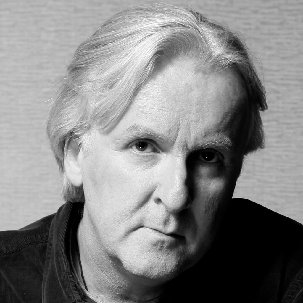 Headshot of James Cameron with a serious expression.