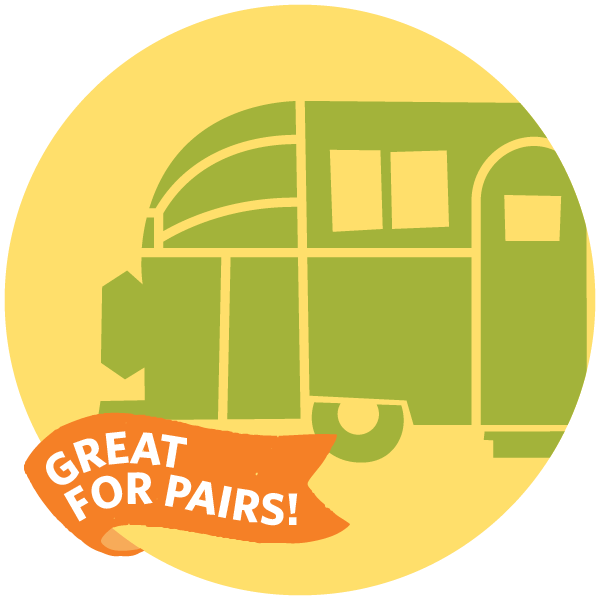 Graphic with a camper trailer and a tagline reading "great for pairs"