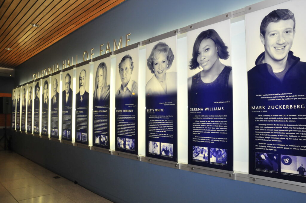 A row of panels showing the 5th class of the California Hall of Fame.