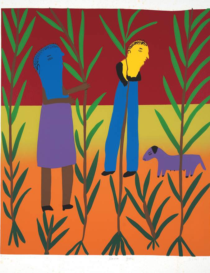 Two abstract people in a bamboo foest with a dog in Domi (Domitilda Ramirez), Untitled. Printer: Jos Sances, 1986. Screenprint, 21¼