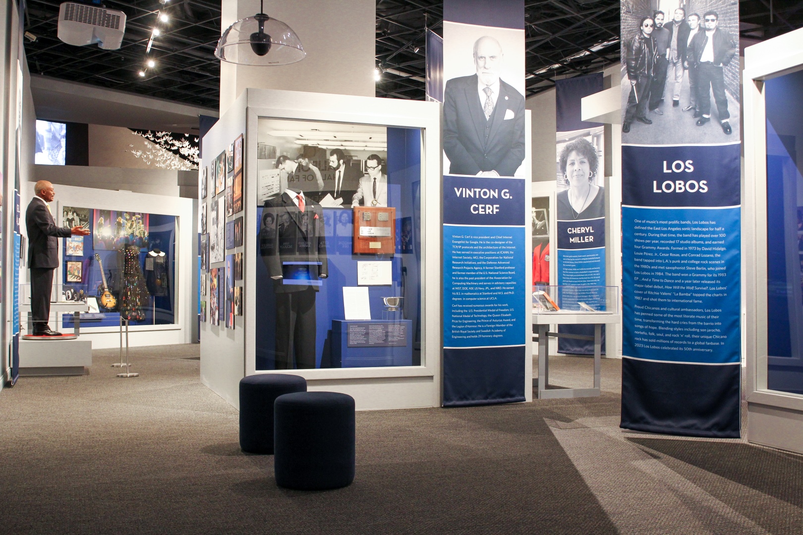 17th class California Hall of Fame exhibit with artifacts from Vinton G. Cerf, Willie Brown, and The Go-Go's in view.
