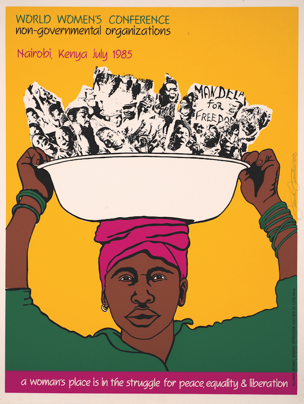 Woman with a basket on her head in a screenprint by Juan R. Fuentes, World Women’s Conference. Printer: Mission Gráfica, 1985. Screenprint, 24¾