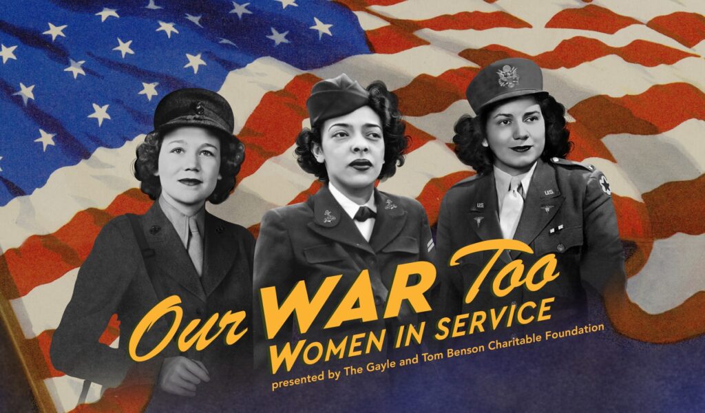 graphic with three World War II servicewomen in front of the American flag