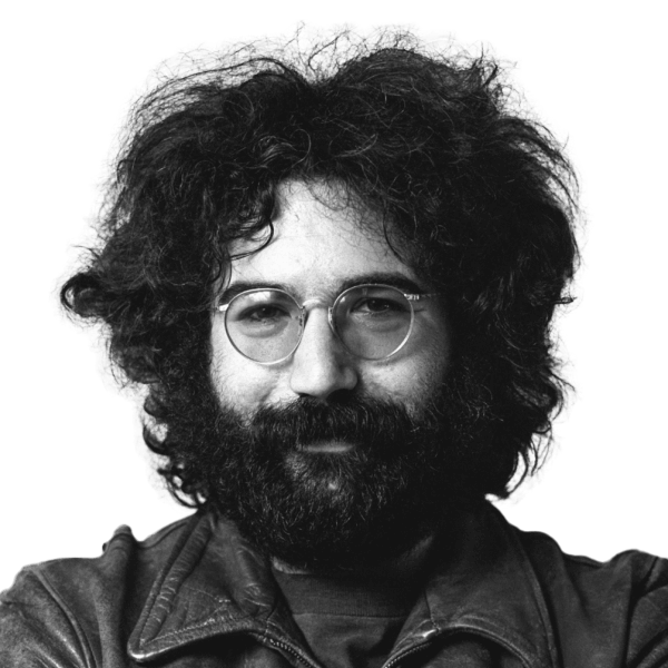 Headshot of a young Jerry Garcia wearing a leather jacket.