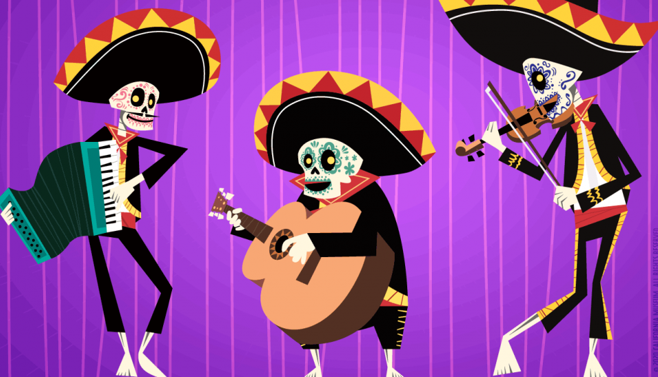 Cartoon mariachi band of skeletons.