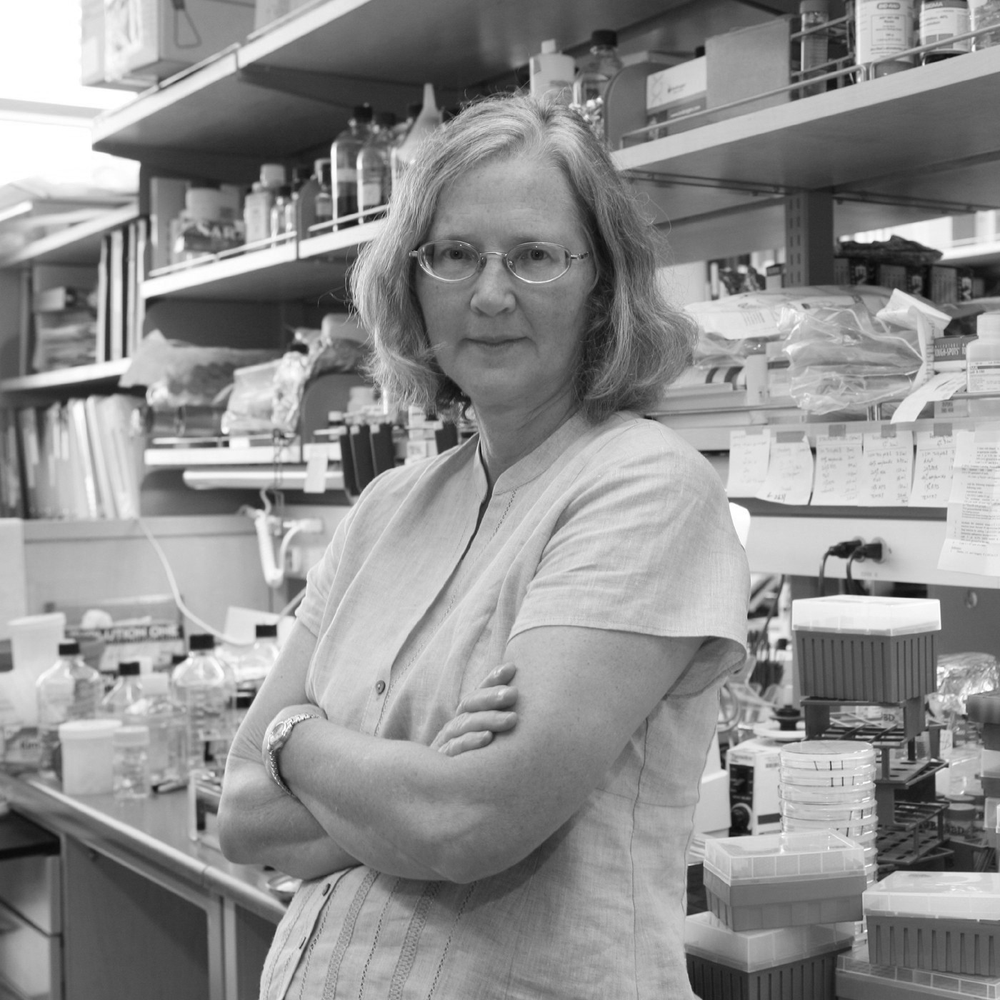 Elizabeth Blackburn poses with arms crossed in her lab.