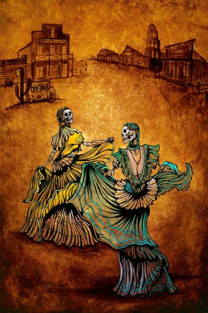 Painting of two skeletons dancing in dresses in and old west scene.