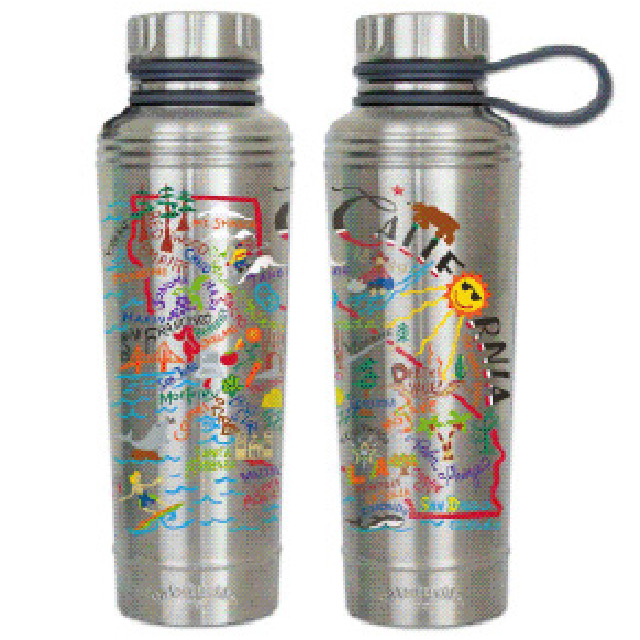 Stainless steel water bottles featuring a map of California landmarks.