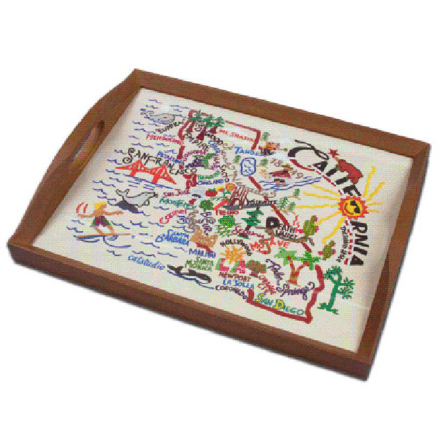 A serving tray featuring a map of California landmarks.