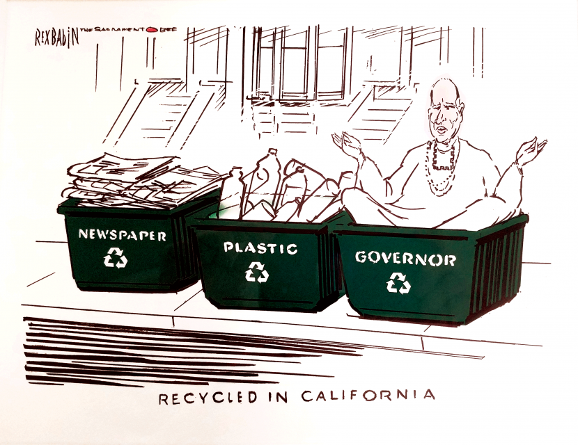 A cartoon titled "Recycled in California" with three recycling bins: newspaper, plastic, and governor, with Jerry Brown sitting in the governor bin.